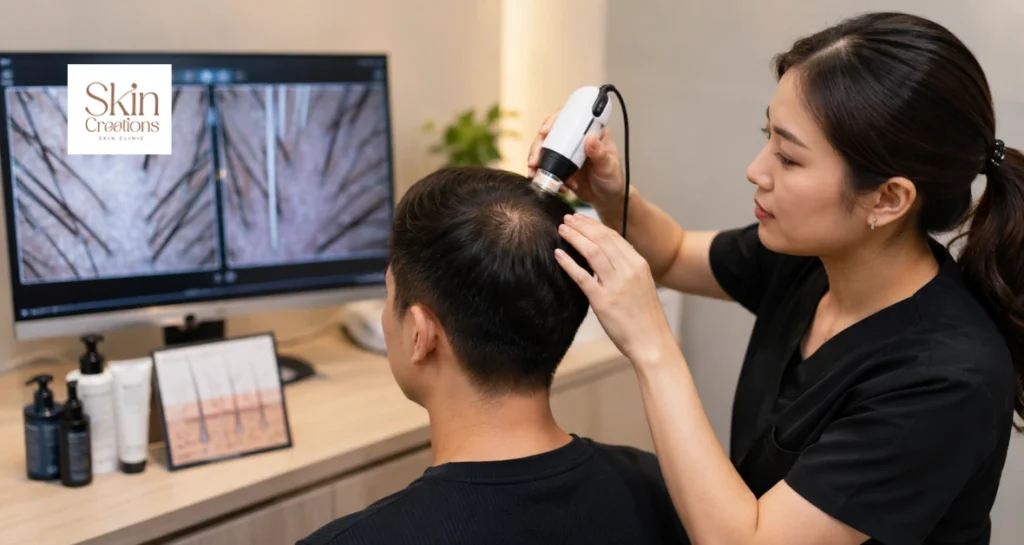 Professional scalp consultation in Singapore using hair loss analysis tool to evaluate follicles for hair rejuvenation treatment.