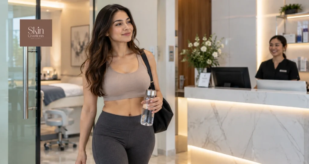 Female patient leaving a modern aesthetic clinic after a non-invasive body sculpting session while holding a water bottle